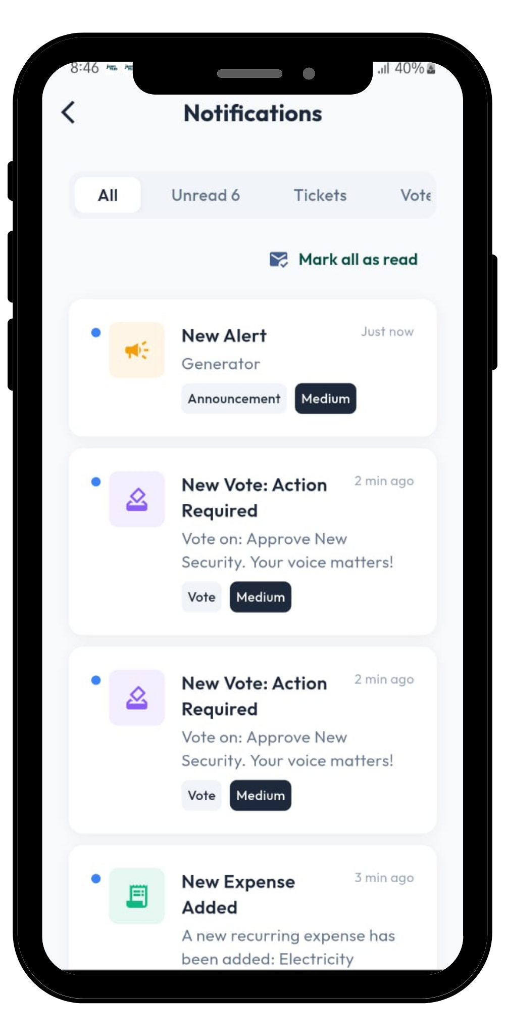 Reports, notifications and profile
